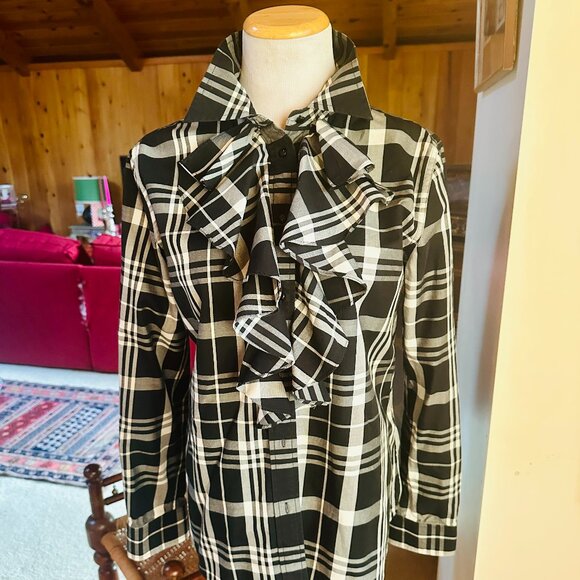 LAUREN RALPH LAUREN White and Black Plaid Ruffle Collar Shirt Blouse – M - Picture 2 of 11